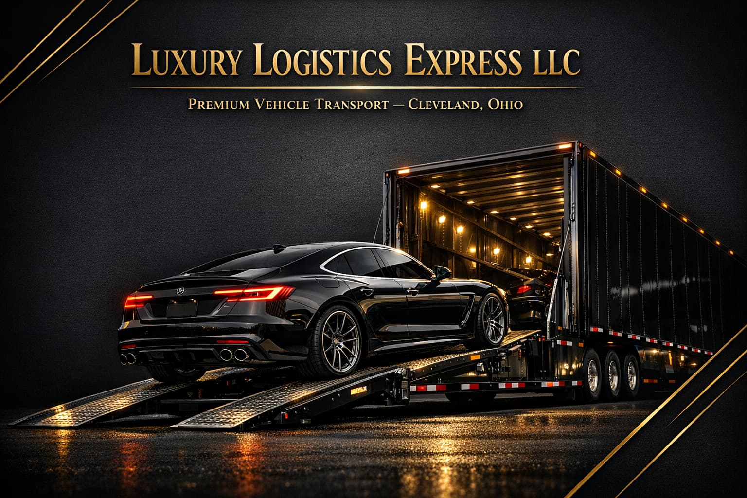 Luxury Logistics Express LLC – Black and gold vehicle transport marketing graphic