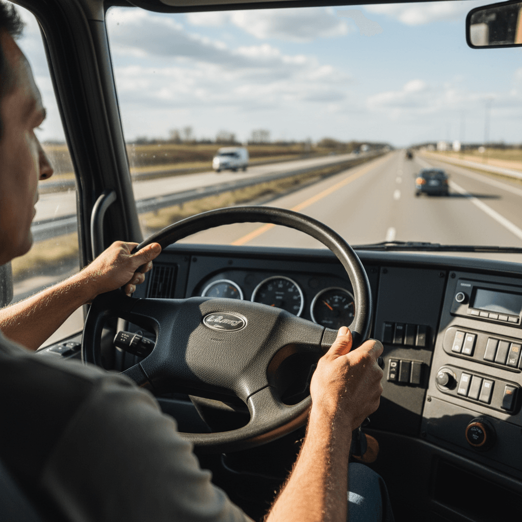 Truck driver's hands on steering wheel in cab during highway driving with focused expression